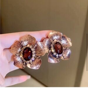 Copper flower rhinestone crystal cz large statement earrings